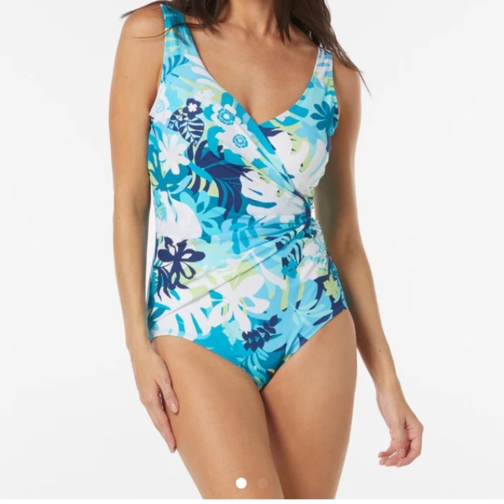 NWT 38DD Chlorine Resistant Bra Sized Tropical Draped Sash One Piece Swimsuit